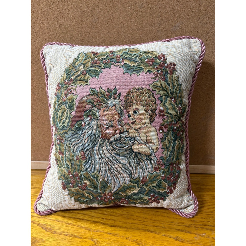 Vintage Christmas Tapestry Santa and Cherub Throw Pillow Pink Rope Trim 12x12‎